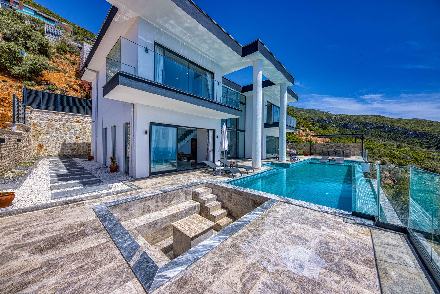 A contemporary villa with a stone terrace and infinity pool — illustrative photography, not a Highlife Quarter property